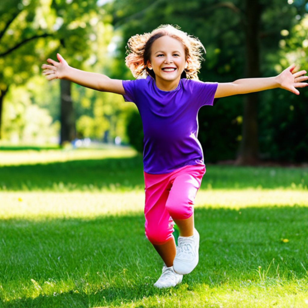 A joyful child, age 5-7, running and playing actively outdoors. Dressed in comfortable, stretchy activewear made from breathable, quick-dry functional fabric, the clothing is brightly colored, fully clothed, and designed for maximum freedom of movement. The scene is a sunny park with green grass and trees in the background. The child is mid-stride, smiling, with arms slightly outstretched, conveying energy and happiness. professional photography, high detail, natural lighting, perfect anatomy, correct proportions, natural pose, well-formed hands, proper finger count, natural body proportions, safe for work, appropriate content, fully clothed, family-friendly, professional.