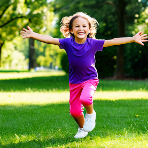 Home 6 A joyful child, age 5-7, running and playing actively outdoors. Dressed in comfortable, stretchy activewear made from breathable, quick-dry functional fabric, the clothing is brightly colored, fully clothed, and designed for maximum freedom of movement. The scene is a sunny park with green grass and trees in the background. The child is mid-stride, smiling, with arms slightly outstretched, conveying energy and happiness. professional photography, high detail, natural lighting, perfect anatomy, correct proportions, natural pose, well-formed hands, proper finger count, natural body proportions, safe for work, appropriate content, fully clothed, family-friendly, professional.