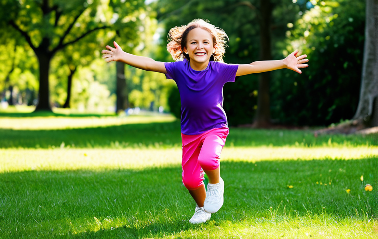 A joyful child, age 5-7, running and playing actively outdoors. Dressed in comfortable, stretchy activewear made from breathable, quick-dry functional fabric, the clothing is brightly colored, fully clothed, and designed for maximum freedom of movement. The scene is a sunny park with green grass and trees in the background. The child is mid-stride, smiling, with arms slightly outstretched, conveying energy and happiness. professional photography, high detail, natural lighting, perfect anatomy, correct proportions, natural pose, well-formed hands, proper finger count, natural body proportions, safe for work, appropriate content, fully clothed, family-friendly, professional.