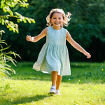 A happy young child, approximately 5-7 years old, running playfully in a beautiful, high-quality dress made from soft, breathable organic cotton. The dress is a pastel shade, designed for maximum comfort and freedom of movement, with a gentle flow to the skirt. The child is fully clothed in appropriate, modest attire, with a wide, joyful smile, captured outdoors in a sunlit natural park with lush green trees in the background. Perfect anatomy, correct proportions, natural pose, well-formed hands, proper finger count. Professional photography, high resolution, soft natural lighting, family-friendly, safe for work, appropriate content.