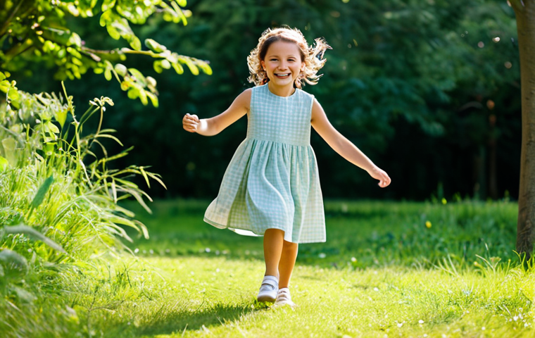 A happy young child, approximately 5-7 years old, running playfully in a beautiful, high-quality dress made from soft, breathable organic cotton. The dress is a pastel shade, designed for maximum comfort and freedom of movement, with a gentle flow to the skirt. The child is fully clothed in appropriate, modest attire, with a wide, joyful smile, captured outdoors in a sunlit natural park with lush green trees in the background. Perfect anatomy, correct proportions, natural pose, well-formed hands, proper finger count. Professional photography, high resolution, soft natural lighting, family-friendly, safe for work, appropriate content.