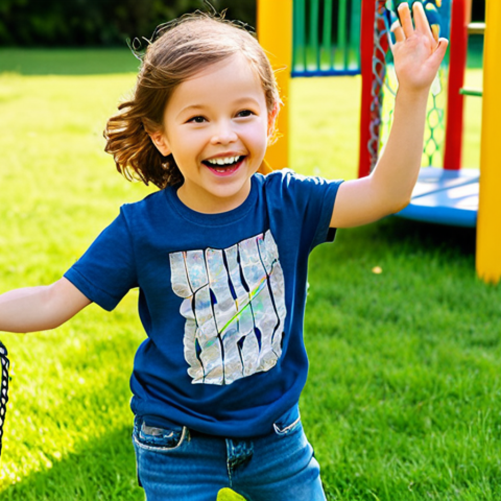 A cheerful young child, fully clothed in a comfortable and modest Gap Kids outfit. The child wears a soft cotton graphic t-shirt and durable denim jeans. They are engaged in playful activity at a vibrant outdoor playground, surrounded by lush green grass and bright sunshine. The image captures a natural pose, showcasing perfect anatomy, correct proportions, well-formed hands, and proper finger count. The overall style is professional photography, family-friendly, appropriate content, safe for work, and high quality.
