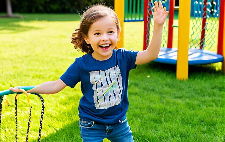 A cheerful young child, fully clothed in a comfortable and modest Gap Kids outfit. The child wears a soft cotton graphic t-shirt and durable denim jeans. They are engaged in playful activity at a vibrant outdoor playground, surrounded by lush green grass and bright sunshine. The image captures a natural pose, showcasing perfect anatomy, correct proportions, well-formed hands, and proper finger count. The overall style is professional photography, family-friendly, appropriate content, safe for work, and high quality.