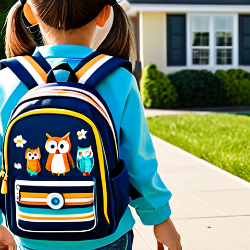 **

A young girl (age 7-8) with a bright, colorful backpack featuring a friendly animal design (e.g., a cartoon owl or fox). She is fully clothed in a modest, age-appropriate school outfit (e.g., jeans, a t-shirt, and a light jacket). The backpack has reflective stripes. She is walking to school on a sunny morning in a safe, suburban neighborhood. The backpack is lightweight and ergonomically designed. Perfect anatomy, correct proportions, natural pose, well-formed hands, proper finger count. Safe for work, appropriate content, fully clothed, family-friendly. Professional illustration, high quality.

**