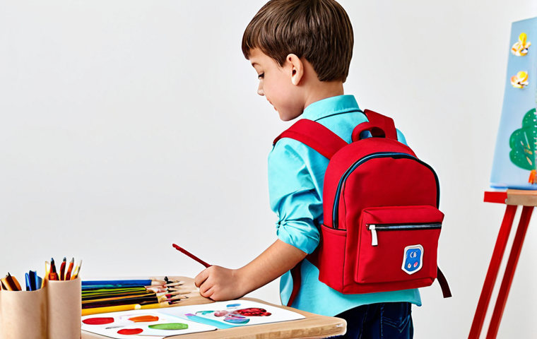 **
A young, fully clothed child (safe for work) wearing a medium-priced B brand backpack with a character design, engaged in a DIY activity, adding patches and keychains to personalize it. The scene is set in a bright, family-friendly art studio. Appropriate content, perfect anatomy, correct proportions, natural pose, well-formed hands, proper finger count, natural body proportions, professional photography, high quality, modest clothing, professional.
**