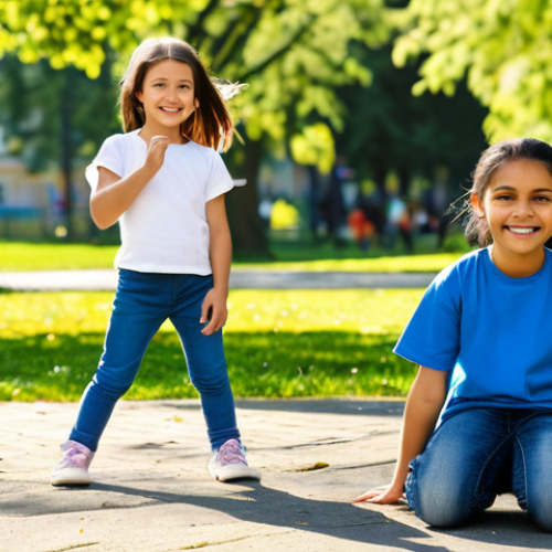 Home 19 **
"A young girl in a fully clothed, modest casual outfit, perhaps a simple t-shirt and jeans or leggings, playing happily in a park. The background shows a sunny day with other children and families in the distance. The style is bright and cheerful, emphasizing the comfort and durability of the clothing. Safe for work, appropriate content, fully clothed, family-friendly, perfect anatomy, natural proportions, well-formed hands, proper finger count."
**