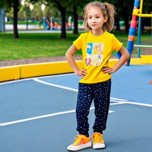 Home 18 Stylish Everyday Wear**
"A young girl, age 6, wearing a Zara Kids outfit consisting of a graphic print t-shirt, comfortable joggers, and sneakers, fully clothed, appropriate attire, standing in a brightly lit, modern urban park with playground equipment in the background. Perfect anatomy, correct proportions, natural pose, well-formed hands, proper finger count. Safe for work, family-friendly, professional photography, high quality."
**