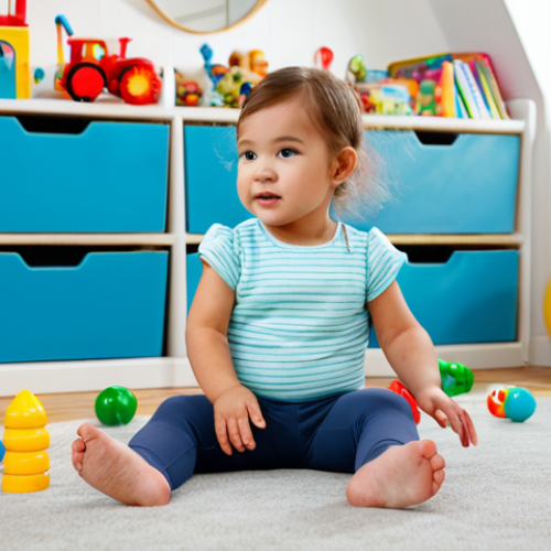 Home 17 카터스와 갭키즈의 가격 비교 - **A toddler in a Carter's bodysuit and leggings, playing in a brightly lit playroom filled with colo...