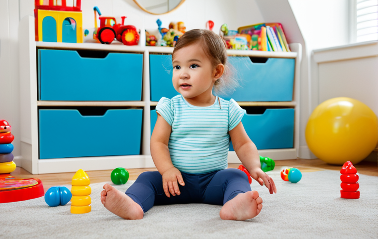 카터스와 갭키즈의 가격 비교 - **A toddler in a Carter's bodysuit and leggings, playing in a brightly lit playroom filled with colo...