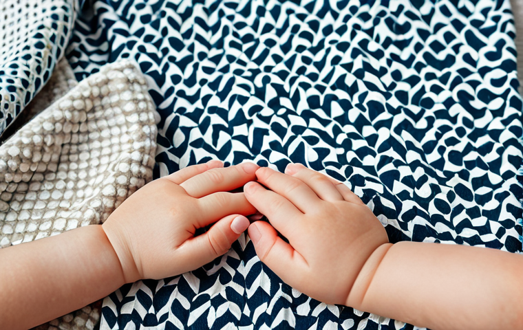 카터스와 지프키즈의 소재 차이 - Comparing Fabrics**
"Close-up shot of a mother's hands comparing two different fabrics, one from a ...